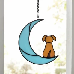 Stained Glass Pet on Moon Window Hanging