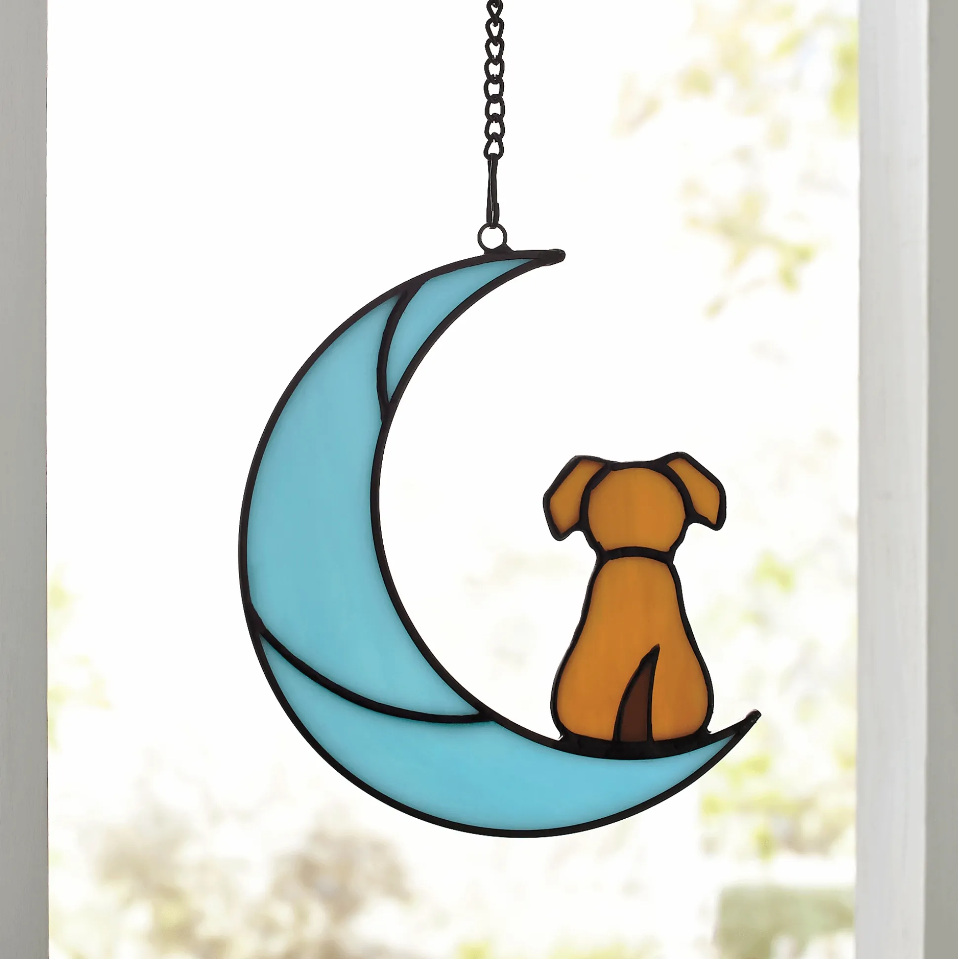Stained Glass Pet on Moon Window Hanging