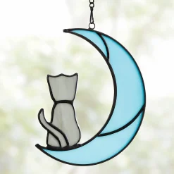 Stained Glass Pet on Moon Window Hanging