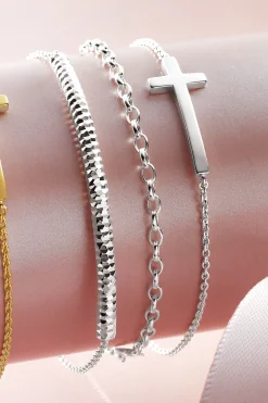 Sterling 3-Piece Cross/Bar/Link Bracelet Set