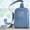 Studded Butterfly Distressed Denim Sling Bag with Adjustable Strap