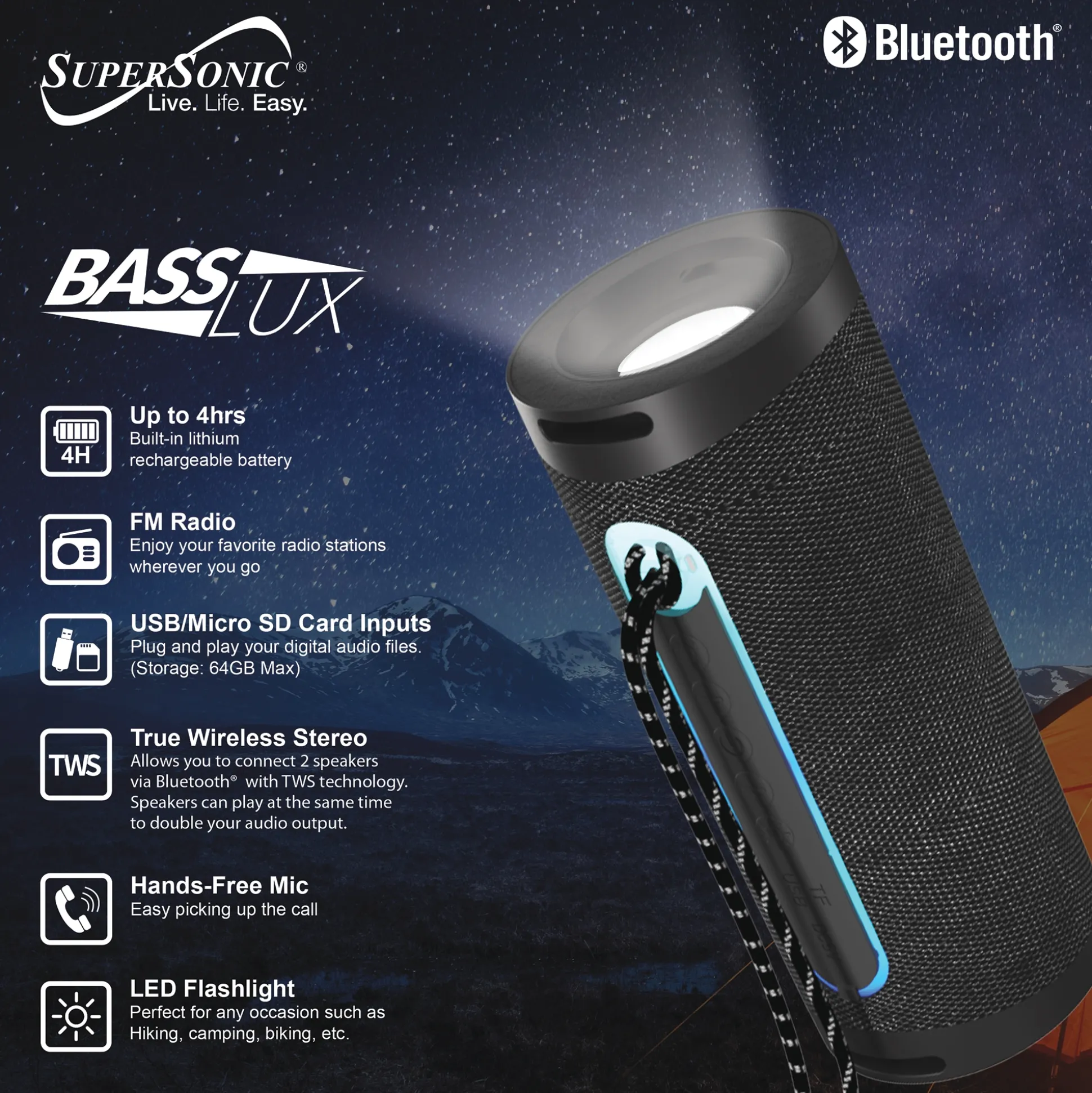 Supersonic Portable Speaker with Flashlight