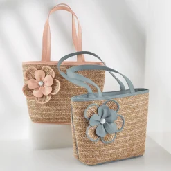 Synthetic Straw Tote with 3-D Flower