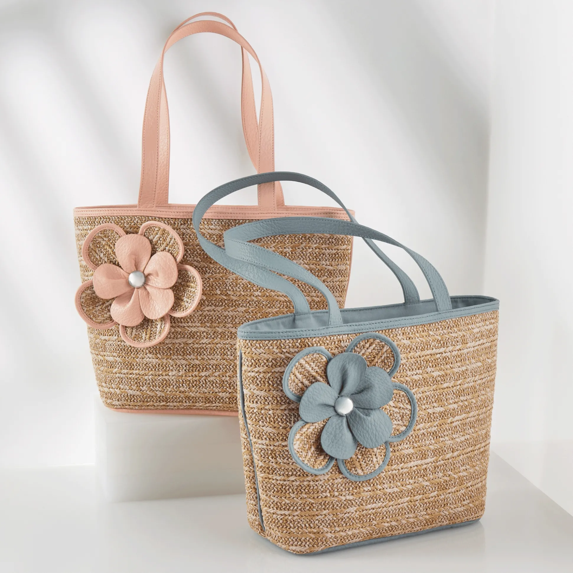 Synthetic Straw Tote with 3-D Flower