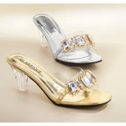The Classique Vinyl Rhinestone Slide for Women with a Clear 2.5" Lucite Heel