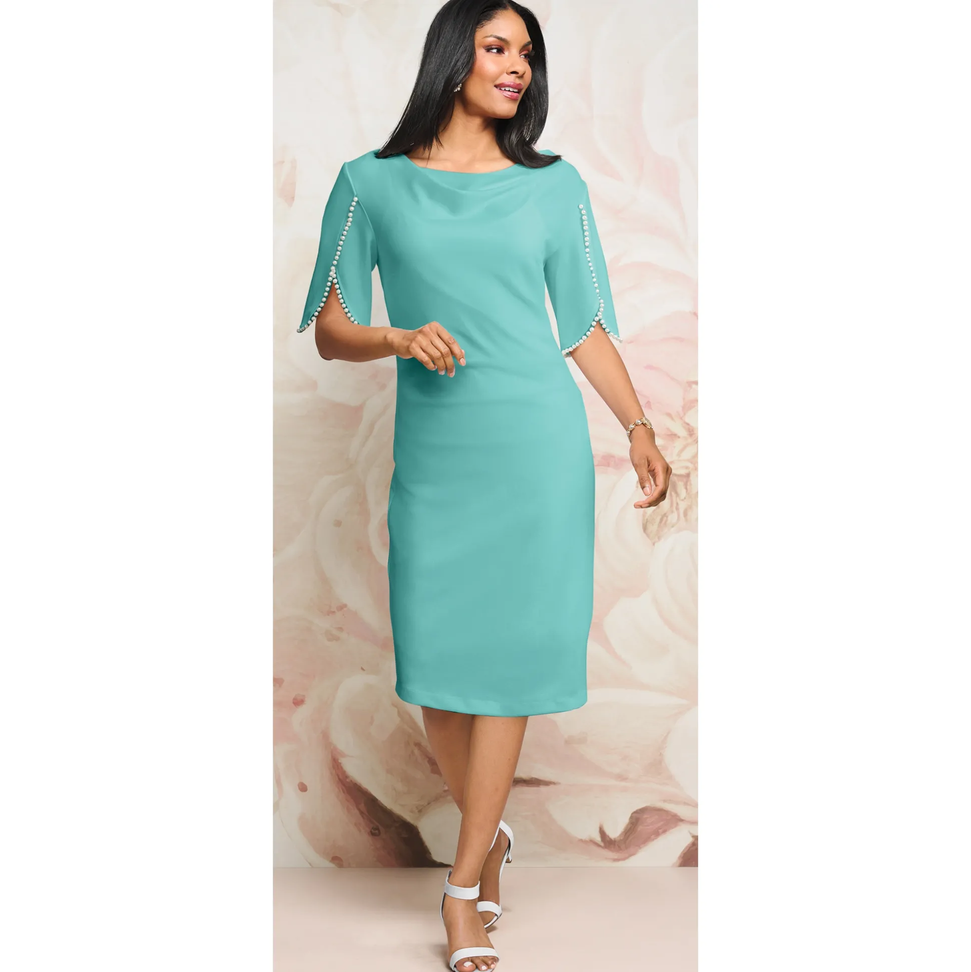 Tulip-Sleeved Stretch-Sheath Dress with Faux Pearl Trim