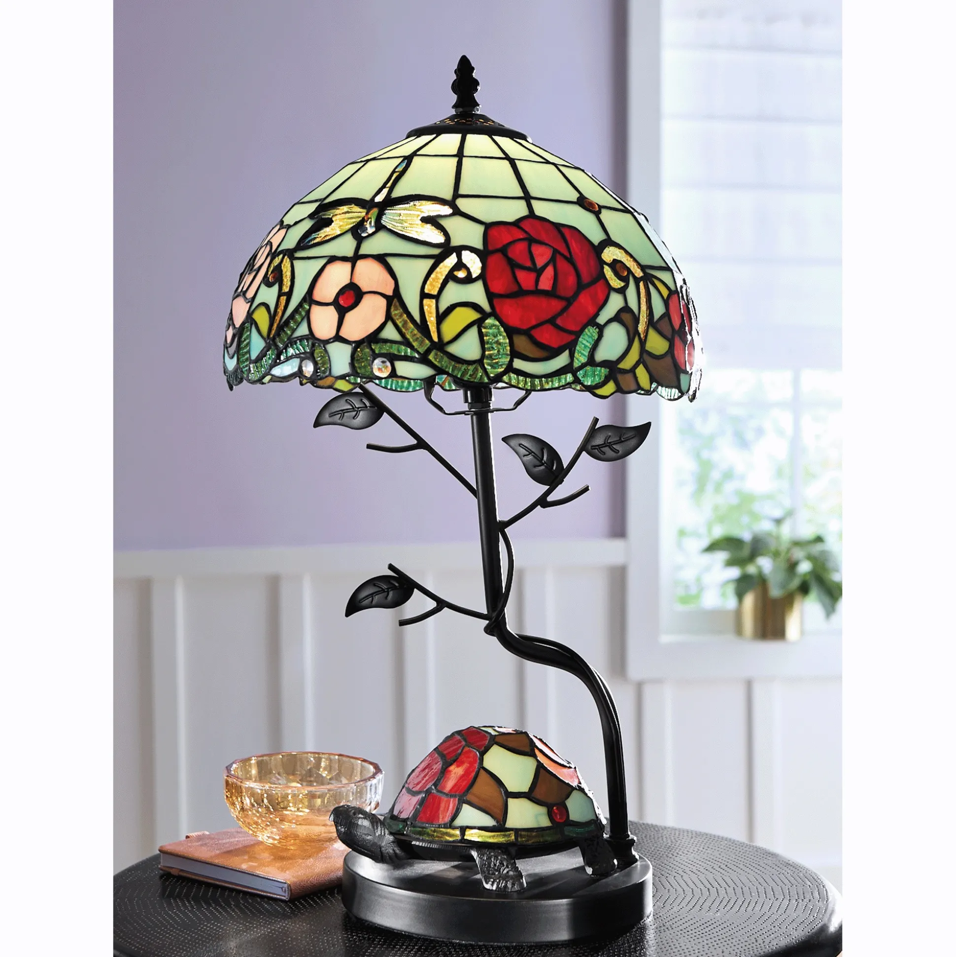 Turtle and Dragonfly Stained Glass Table Lamp