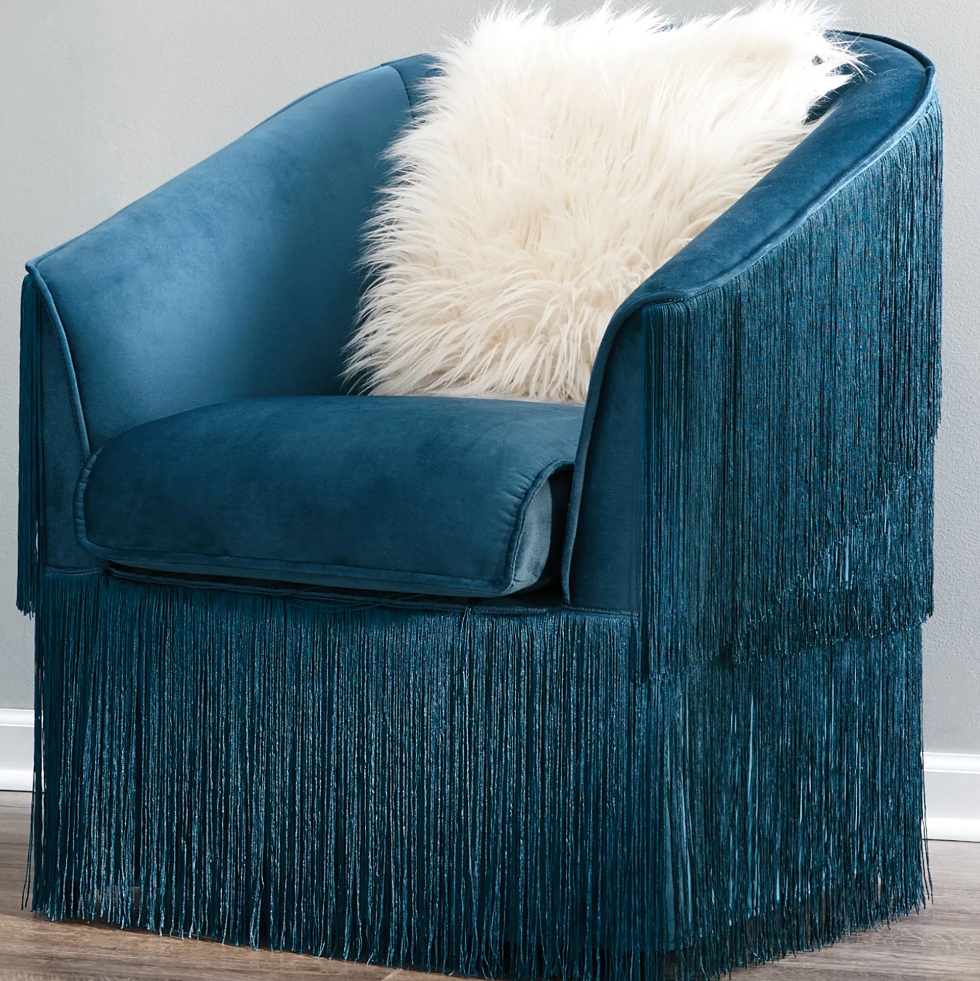 Velvet Fringe Barrel Accent Chair