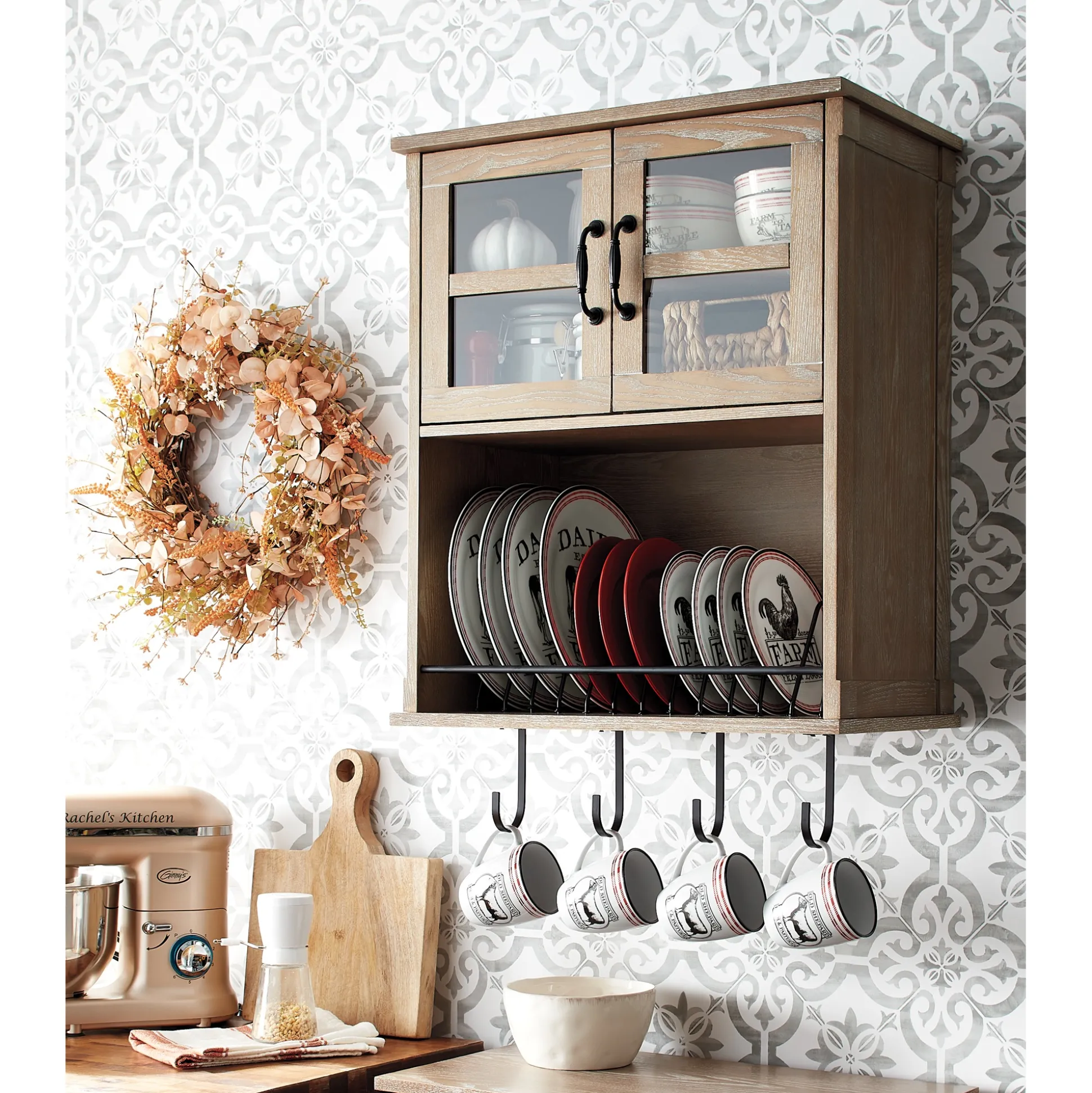 Wain Farmhouse Wall Shelf Cabinet with Dish Rack and Hooks