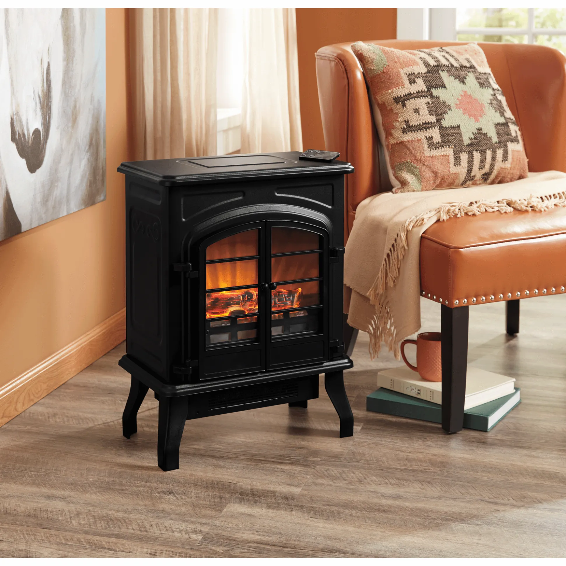 1500W Electric Fireplace Stove Heater with Remote & Realistic Flame Effect