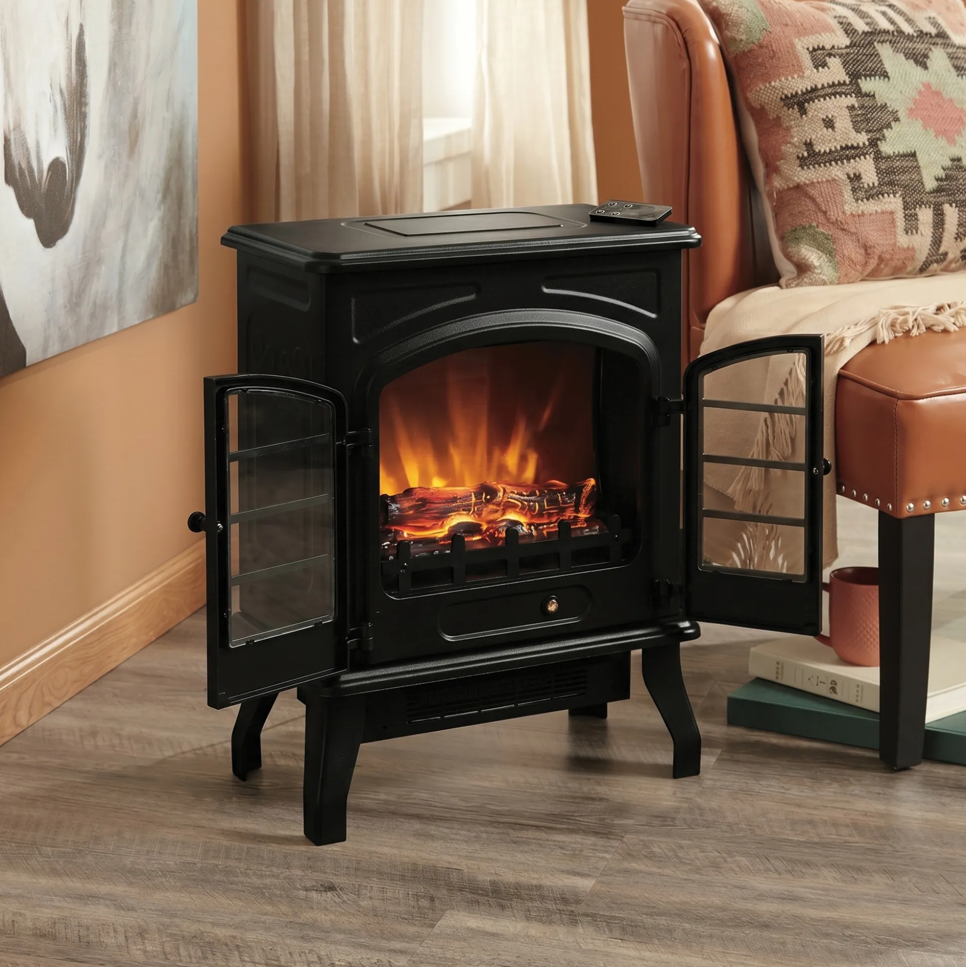 1500W Electric Fireplace Stove Heater with Remote & Realistic Flame Effect