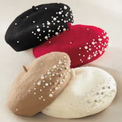 Women's Beret Studded with Faux Pearls and Rhinestones