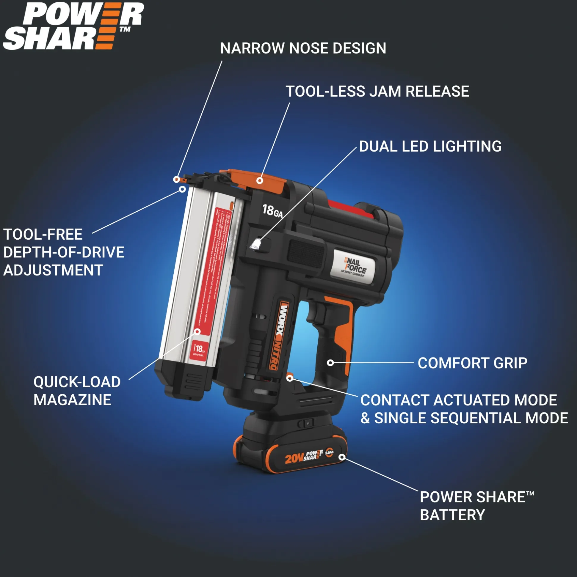 Worx 20V Nitro Brad Nail Gun (Tool Only)