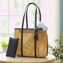Woven Rattan Calypso Beach Tote with Clip-On Pouch